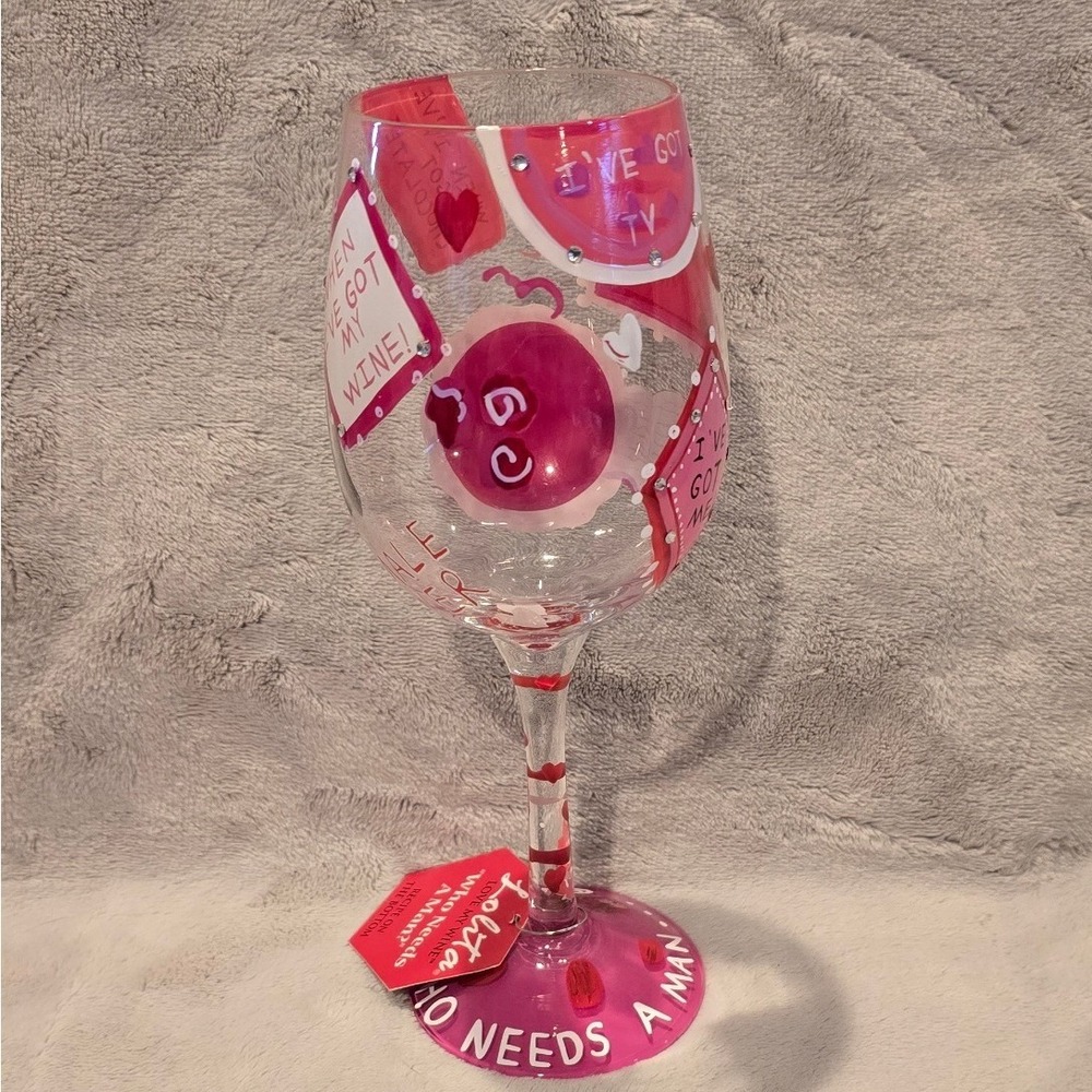Lolita Who Needs A Man Hand Painted Wine Glass with Recipe and Gift Box Pink Red - Picture 2 of 7